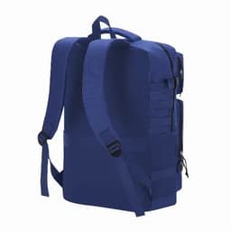 A backpack in navy blue with adjustable straps and multiple compartments. It features a sleek design and a logo.
