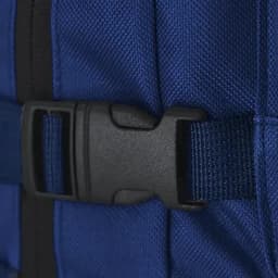 A drink bottle with a dark blue exterior and a sturdy black buckle. Features a textured fabric surface.