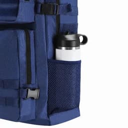A blue backpack featuring a side mesh pocket with a white drink bottle and a black lid. The backpack has zippers and straps.