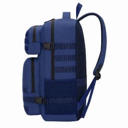 A navy blue backpack with multiple compartments and adjustable straps. It features side pockets and a textured design.