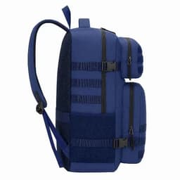 A navy blue backpack with multiple compartments and straps, featuring a textured side panel and a logo.