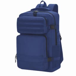 A blue backpack with multiple compartments, adjustable straps, and a sleek design, featuring a logo on the front.