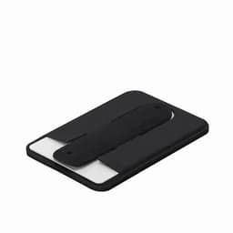 A black and white card holder with a sleek, minimalist design, featuring a black strap for secure closure.