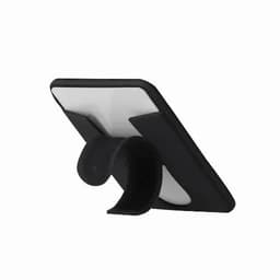 A phone stand in black, featuring a curved design for stability and support. It has a smooth, white backing.