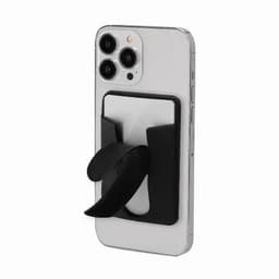 A phone with a black card holder attachment on the back, featuring a flexible grip. The phone is silver.