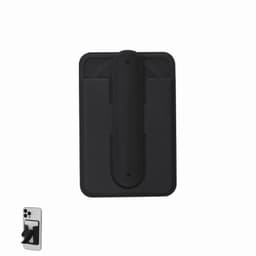A black phone holder with a solid grip and a slim design, featuring a logo.