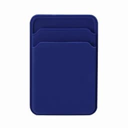 A cardholder in navy blue, featuring two slots for cards and a sleek design. It includes a logo on the front.