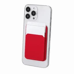 A phone with a red card holder attached, featuring a sleek silver back and three camera lenses.