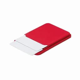 A red card holder with two white card slots, featuring a sleek, minimalist design. It has a logo on the front.
