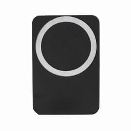 A black promotional product with a white circular design and a logo. The item features a sleek, modern shape.