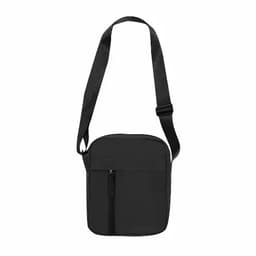 A black messenger bag with a shoulder strap and a front zipper pocket, featuring a sleek and minimal design.