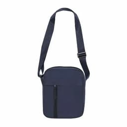 A navy blue crossbody bag with a zippered front pocket and an adjustable strap.