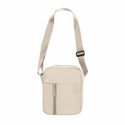 A crossbody bag in a light beige colour with a front zip pocket and an adjustable strap.