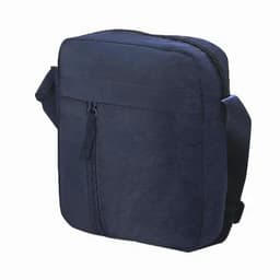 A navy blue bag with a front zip pocket and an adjustable shoulder strap. It has a simple, minimalist design.
