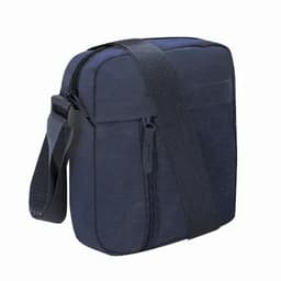 A navy blue crossbody bag with a zip closure and adjustable strap. It includes a front pocket and a plain design.