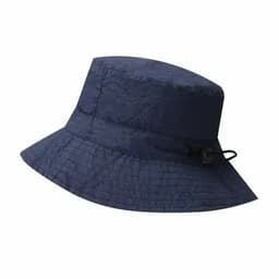 A navy blue bucket hat with a textured finish and an adjustable drawstring on the side.