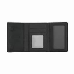 A black phone wallet featuring multiple pockets, a card slot, and a clear window for ID. It has a logo on the interior.