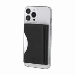 A phone holder in black leather, designed to attach to a smartphone for card storage.