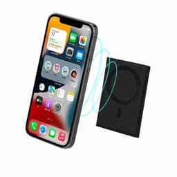 A black phone wallet next to a smartphone, featuring a wireless charging function and a sleek design.
