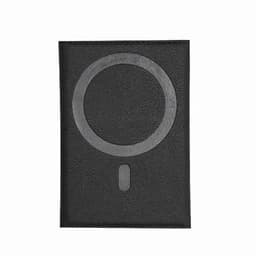 A black wallet featuring a prominent circular design and a small downward-pointing shape. It has a logo or branding.