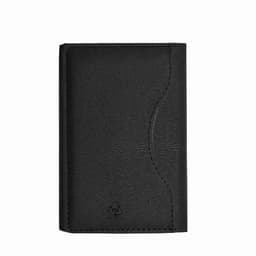 A black phone wallet with a textured finish and a curved design. It has a logo on the front.