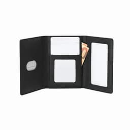 A black wallet with multiple card slots, an ID window, and a compartment for cash or notes. It has a logo.