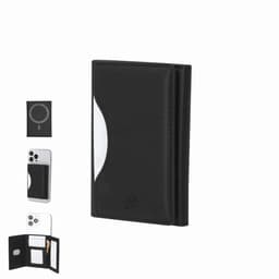 A black wallet with a sleek design, featuring space for cards and a transparent ID holder. Includes a logo.