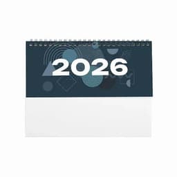 A desk calendar featuring a blue design with geometric patterns and the year "2026" prominently displayed.