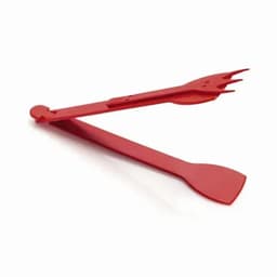 A red multifunctional tool featuring a spatula and fork design, suitable for cooking and serving.