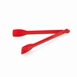 A pair of red kitchen tongs made from flexible material, featuring curved and flat ends for gripping.