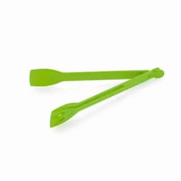 A pair of green kitchen tongs made of silicone, featuring a spatula end and a claw end for versatile use.