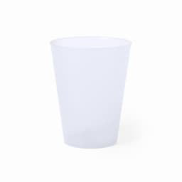 A clear plastic cup with a smooth surface, featuring a tapered design and a slightly frosted finish.