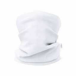 A white neck gaiter made of soft fabric, featuring a simple, seamless design. It has a brand label on the side.