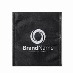 A black promotional pouch featuring a logo and slogan, made of textured material.