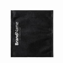 A black promotional bag featuring a logo and a textured surface. Simple and sleek design for branding purposes.