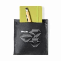 A black pouch containing a green notebook and a wooden pen. The pouch features a logo.