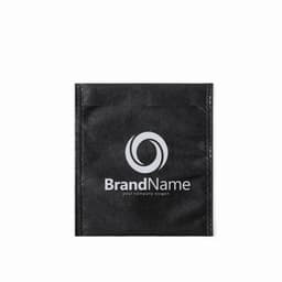 A black promotional bag featuring a logo and slogan, made from textured material.