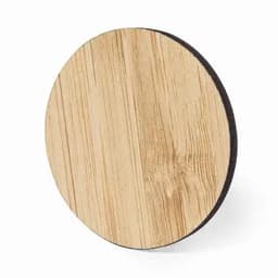 A round wooden coaster with a natural wood grain pattern and a black base, showcasing a simple and elegant design.
