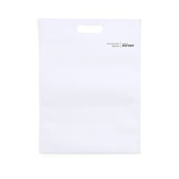 A white tote bag made from 70% recycled material with a handle and branding.