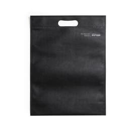 A reusable black shopping bag with a handle, made from 70% recycled material and featuring a logo.