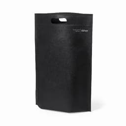 A black tote bag with a handle and a minimalistic design, featuring a small logo.