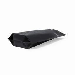 A packaging bag in black, featuring a simple design with a logo. The bag is flat and has a matte finish.