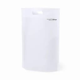 A white shopping bag with a handle, featuring a small logo on one side.