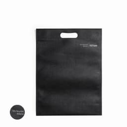 A black reusable shopping bag with a handle, made from 70% recycled material, featuring a logo.
