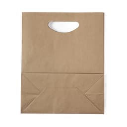 A kraft paper bag with a handle, featuring a simple design and a folded bottom.