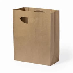 A brown paper bag with cut-out handles, featuring a rectangular shape and flat sides.