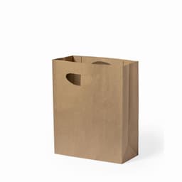 A brown paper bag with a rectangular shape and cut-out handles, featuring a simple design.