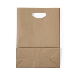 A brown paper bag with a handle and a folded bottom for added strength. It has a simple, durable design.