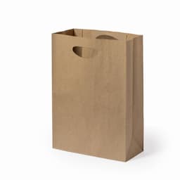 A brown paper shopping bag with a rectangular shape and cut-out handles for easy carrying.