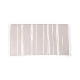 A striped beige towel with white lines and fringe detailing. It has a soft texture and a rectangular shape.